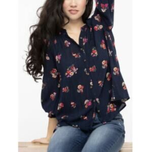 Democracy Size S Navy Pink Floral Button Front Blouse Top Summer Casual Resort